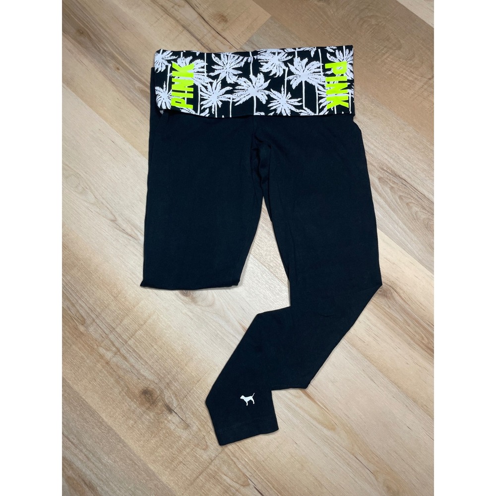 Y2K Pink Victoria's Secret Yoga Leggings Black Palm Tree Foldover Waist Small